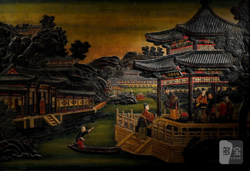 清中期 红木框嵌宝雕苍龙赶珠纹堆漆彩绘高士雅集图描金“福寿万代”大座屏 - 图2
